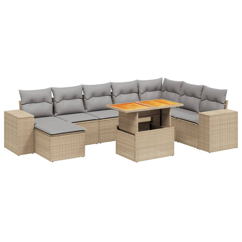 Salon de jardin avec coussins 9 pcs beige résine tressée