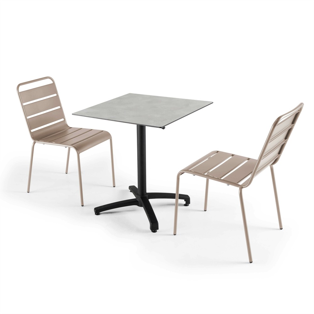 Ensemble table 70 cm marbre et 2 chaises en métal taupe