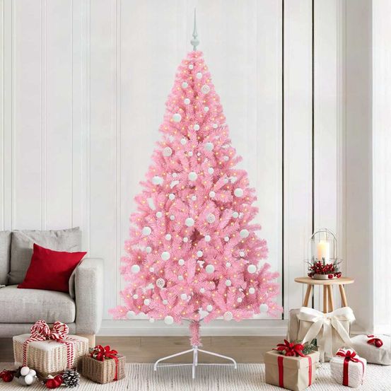 Sapin de noël artificiel tout-en-un 240 cm rose, avec lumières et 120 boules