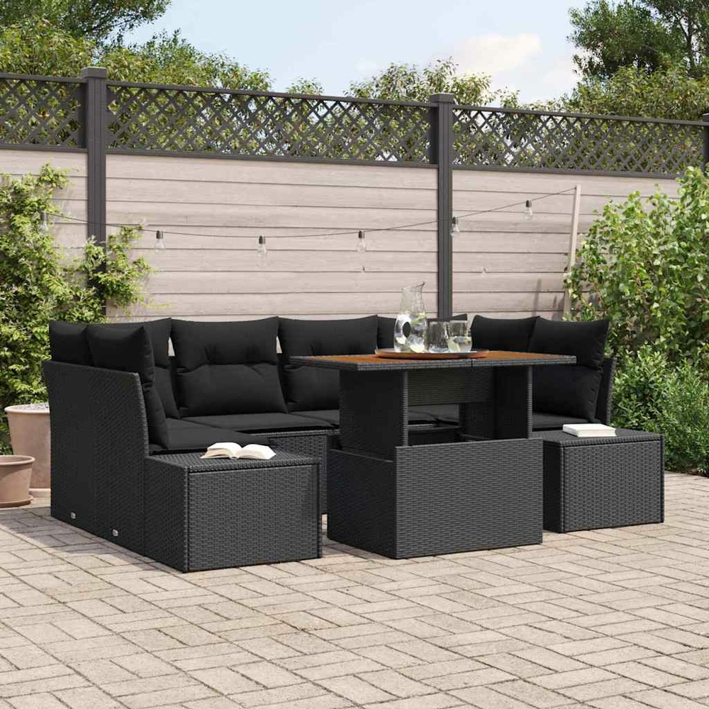 Ensemble de canapé de jardin 7 pcs noir poly rotin
