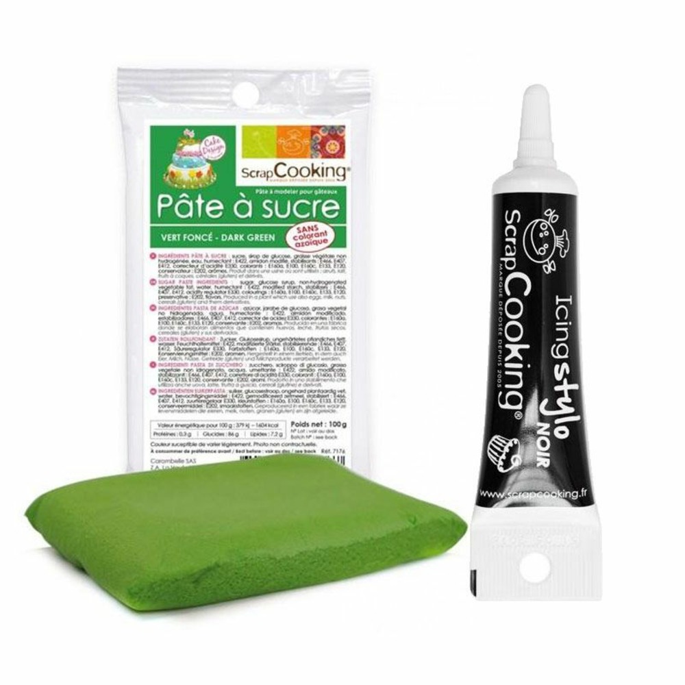 Pâte à sucre vert foncé 100 g + stylo de glaçage noir