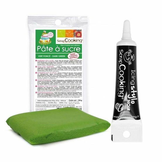Pâte à sucre vert foncé 100 g + stylo de glaçage noir