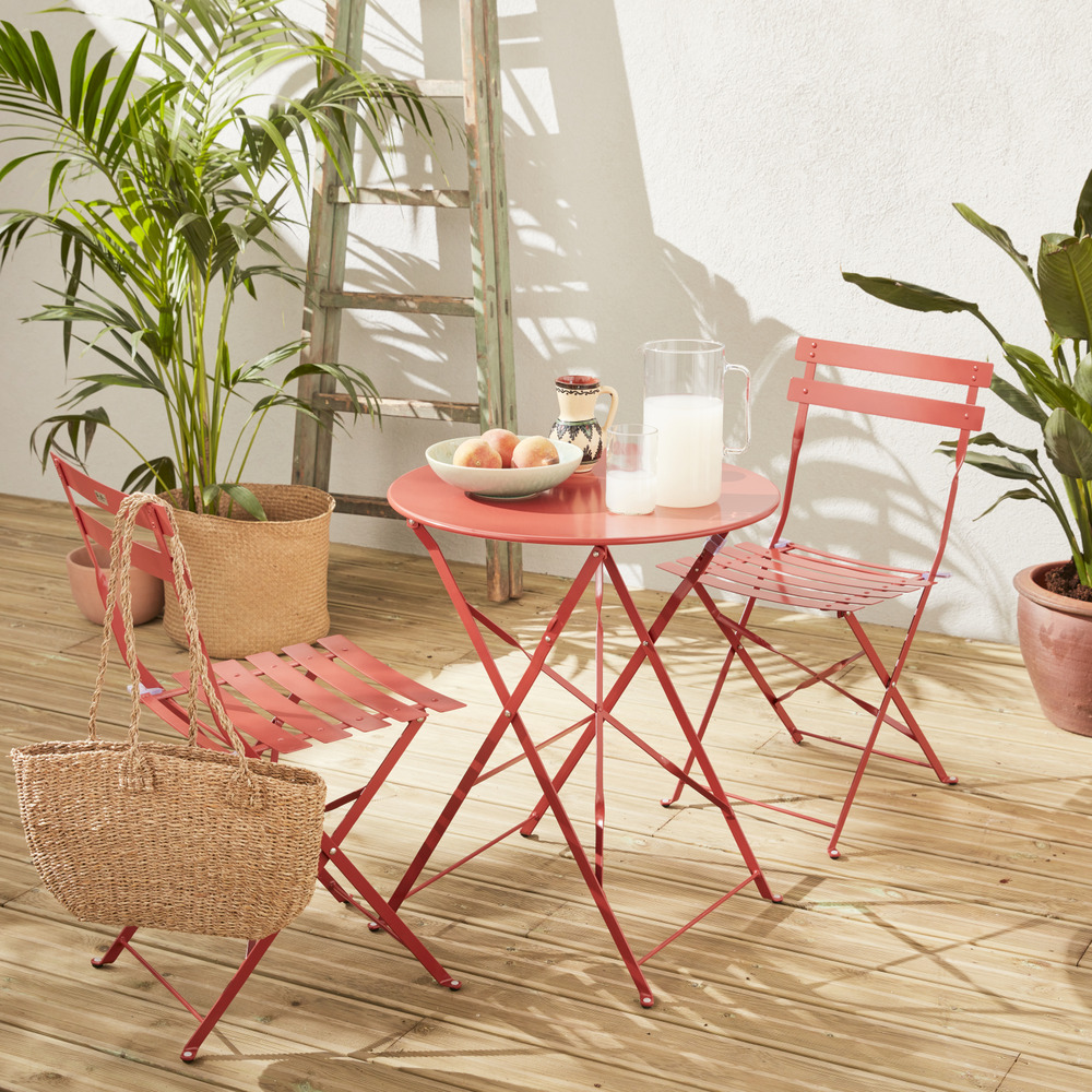 Salon de jardin bistrot pliable - emilia rond terra cotta - table ø60cm avec deux chaises pliantes. Acier thermolaqué