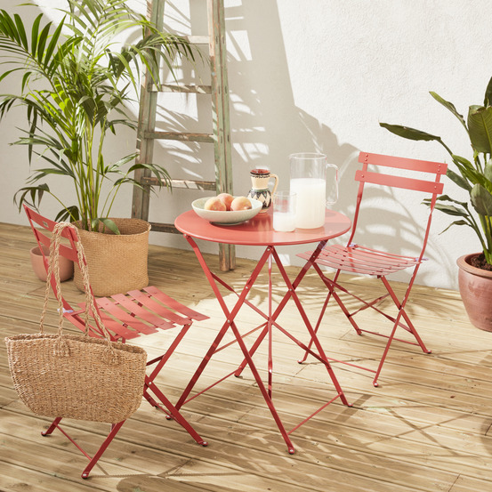 Salon de jardin bistrot pliable - emilia rond terra cotta - table ø60cm avec deux chaises pliantes. Acier thermolaqué