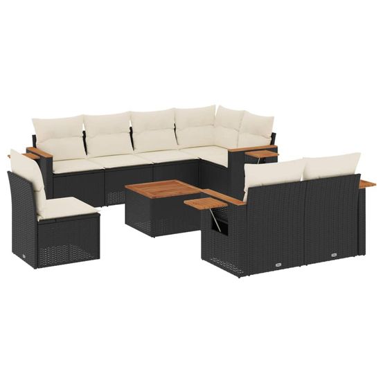 Salon de jardin 9 pcs avec coussins noir résine tressée