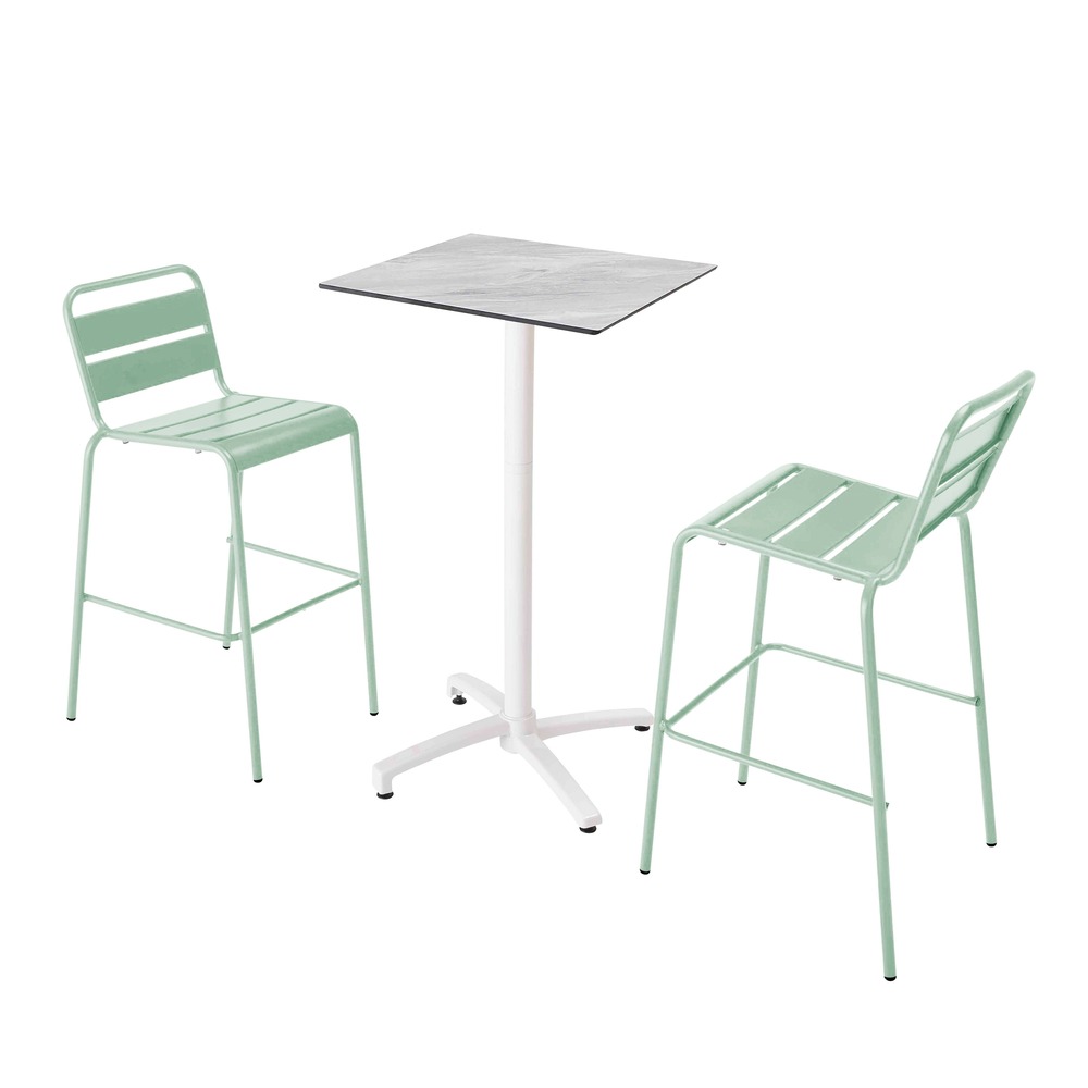 Ensemble table haute stratifié marbre et 2 chaises hautes vert sauge