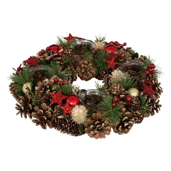 Bougeoir centre de table couronne en bois décoré noël & 4 photophores en verre