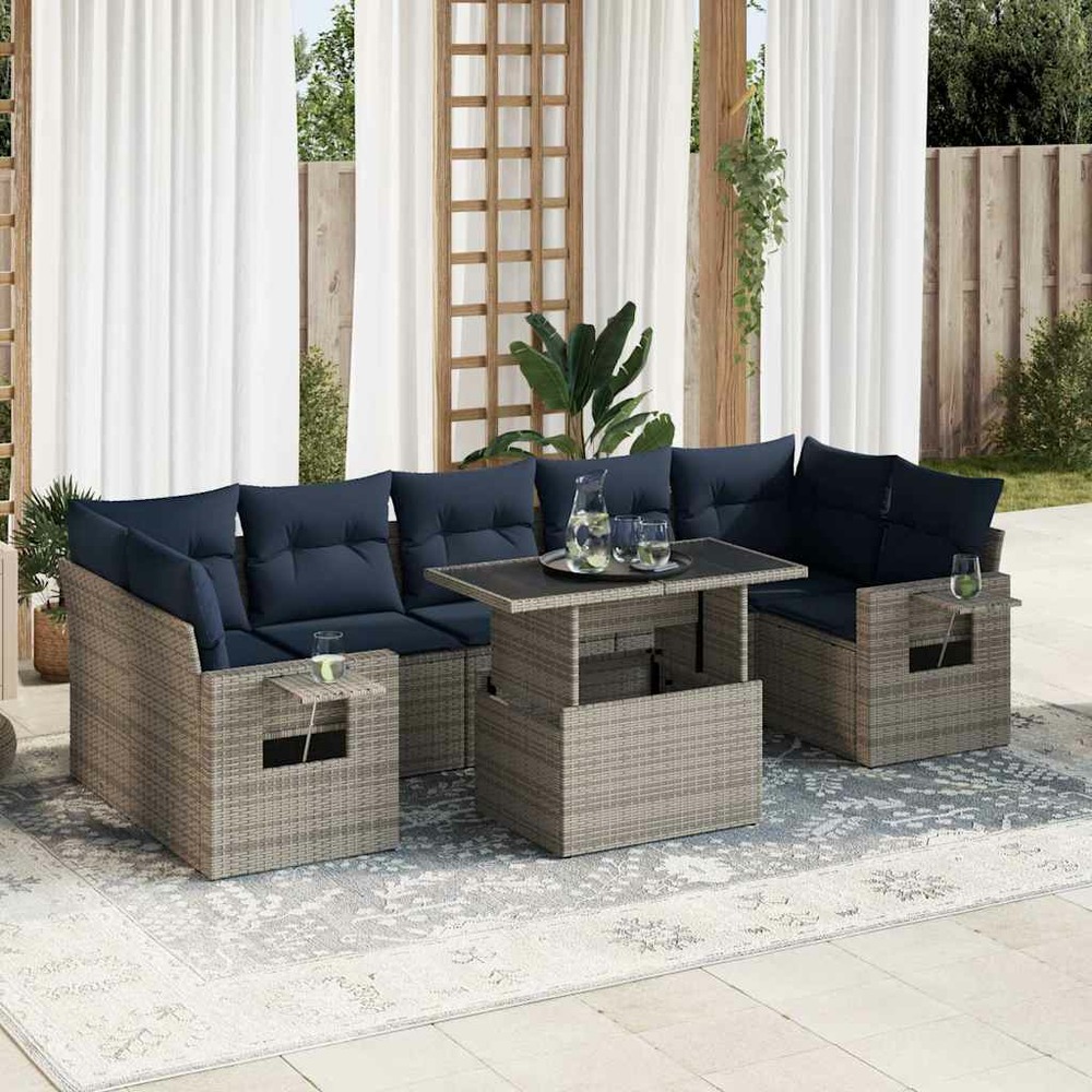 Salon de jardin avec coussins 8 pcs gris résine tressée acacia