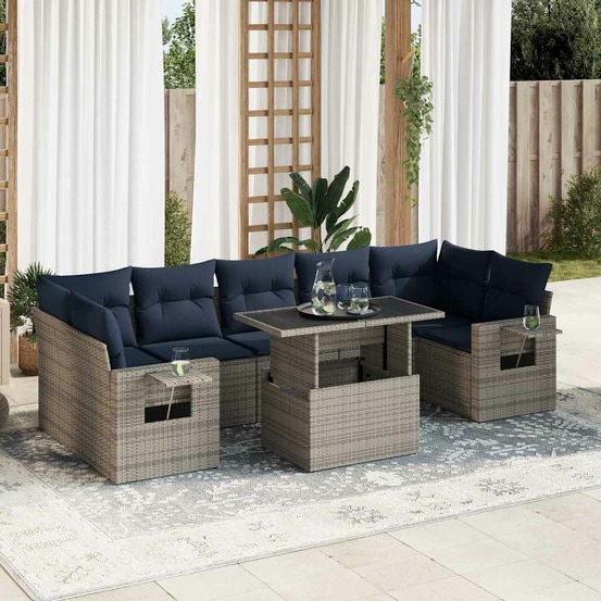 Salon de jardin avec coussins 8 pcs gris résine tressée acacia