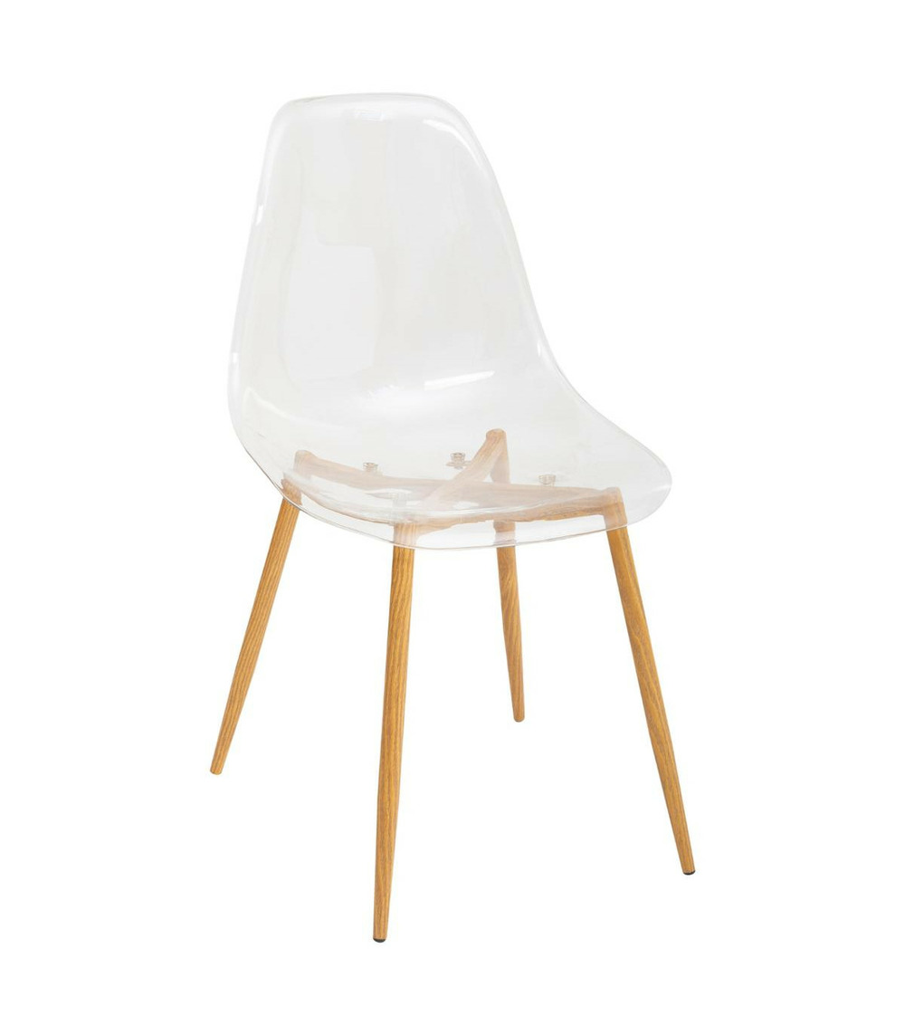 Chaise de table assise transparente pieds en métal façon chêne