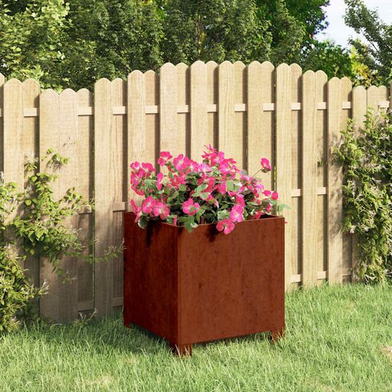 Jardinière cube sur pieds acier corten effet rouillé 30x30x30 cm