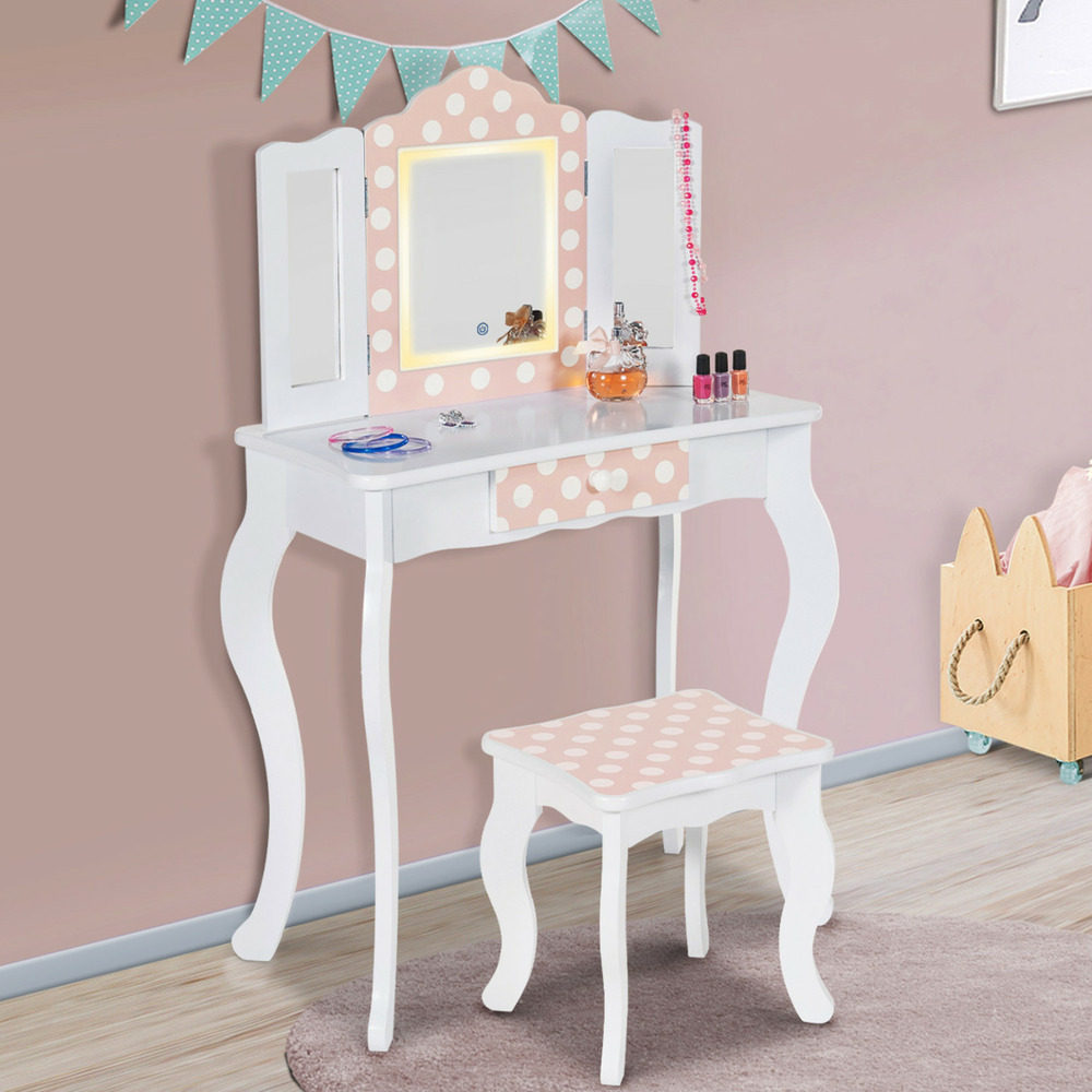 Coiffeuse enfant roza led blanche et rose avec 3 miroirs et tabouret