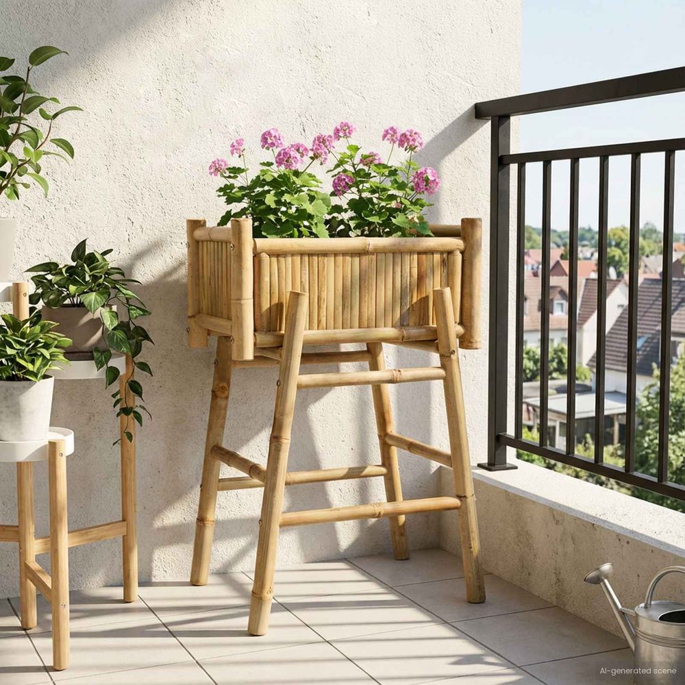 Jardinière sur pieds en bambou naturel pour balcon et jardin 50x38x74cm