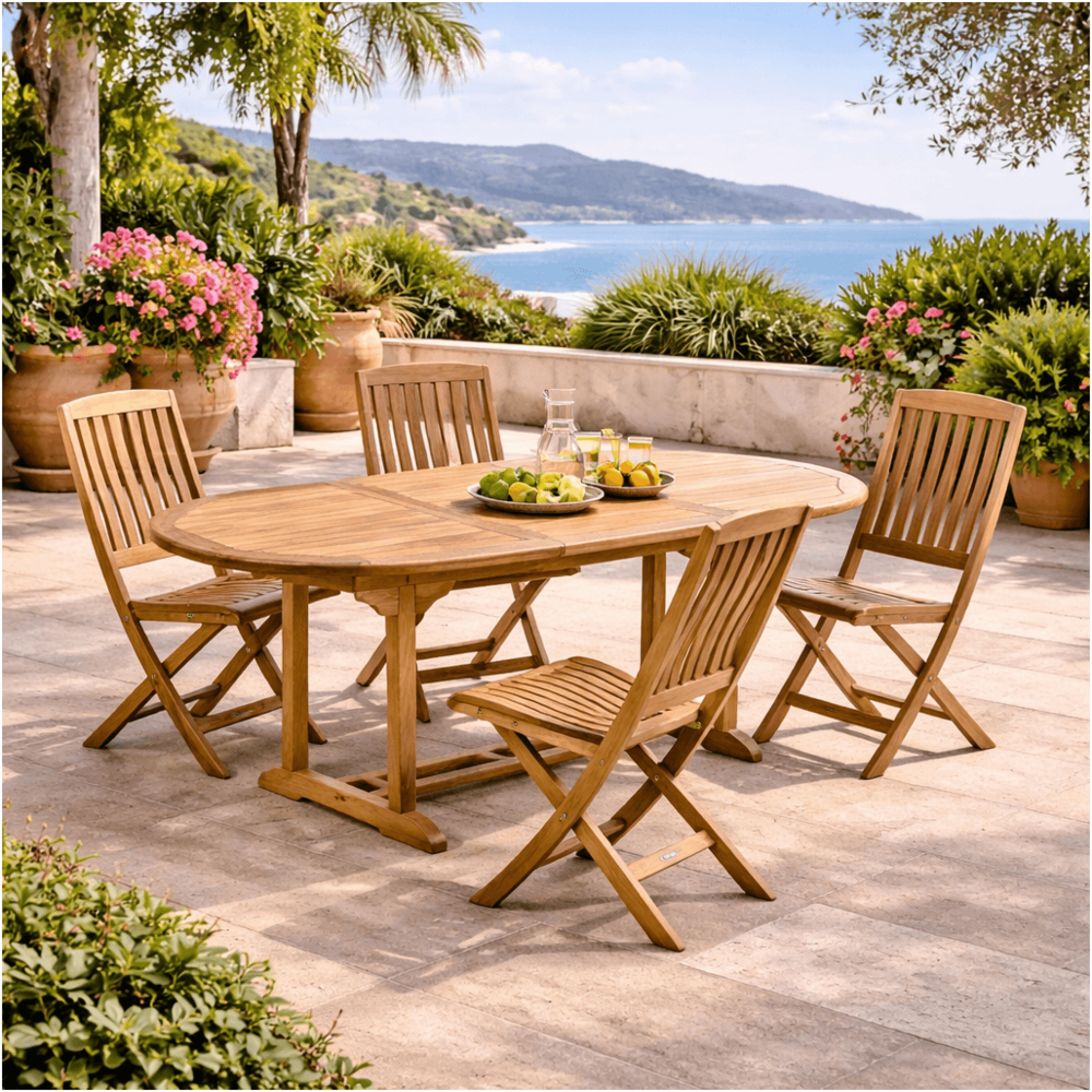 Ensemble table de jardin en teck ovale nina 160/210 et 4 chaises lisato