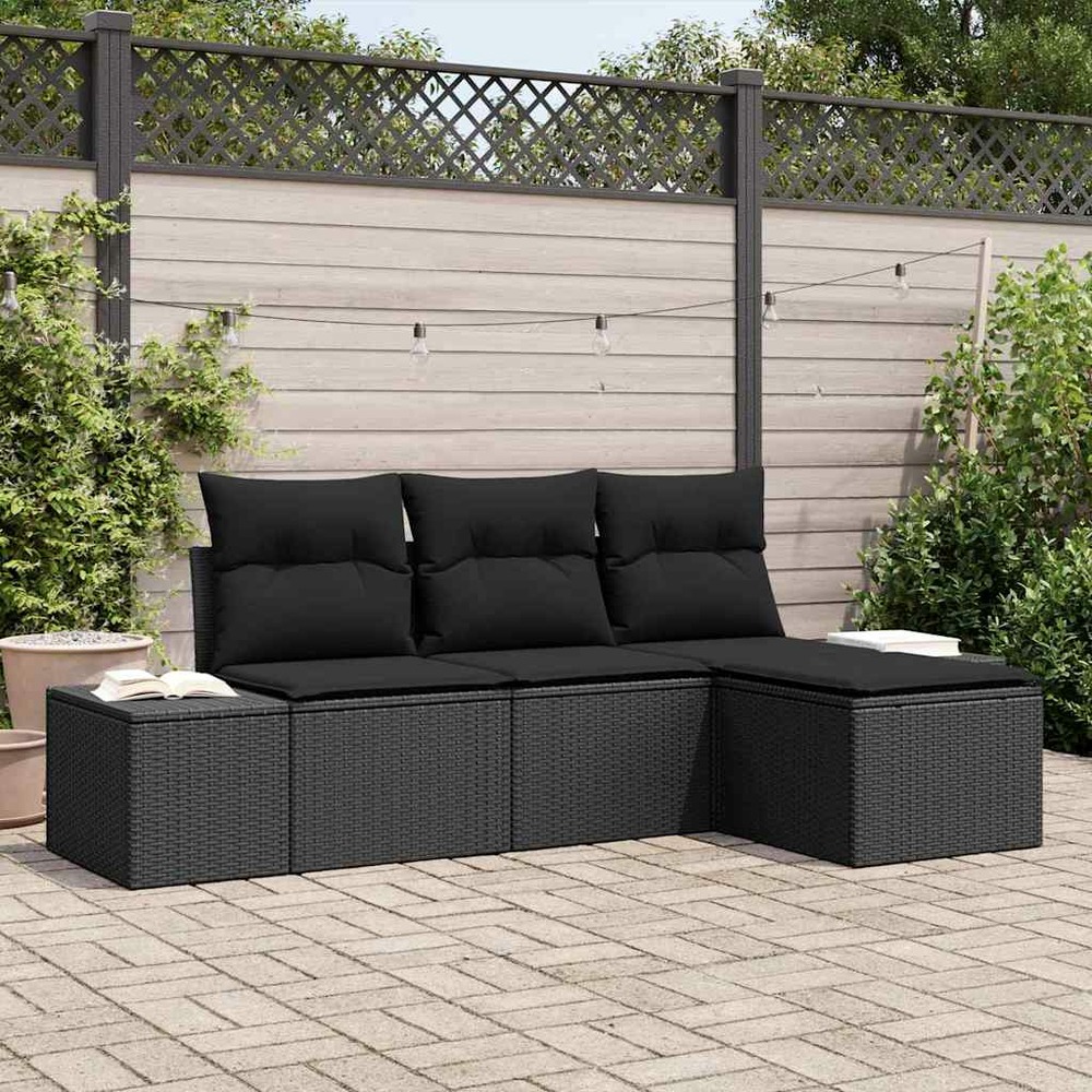 Ensemble de canapé de jardin avec coussin 4 pcs noir polyrotin