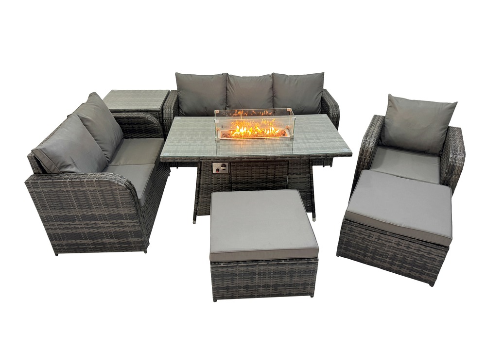 Ensemble salon de jardin extérieur en polyrotin table de foyer à gaz et canapé fauteuil avec tables d'appoint 2 grand tabourets