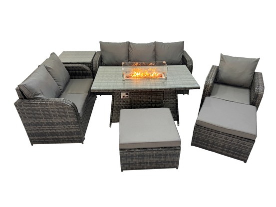 Ensemble salon de jardin extérieur en polyrotin table de foyer à gaz et canapé fauteuil avec tables d'appoint 2 grand tabourets