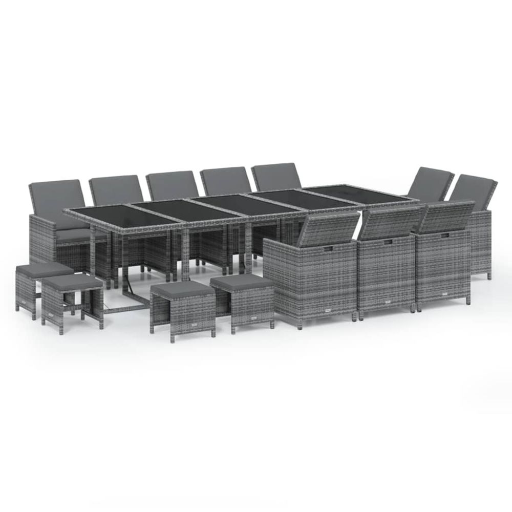 Ensemble à manger de jardin coussins 15 pcs résine tressée gris