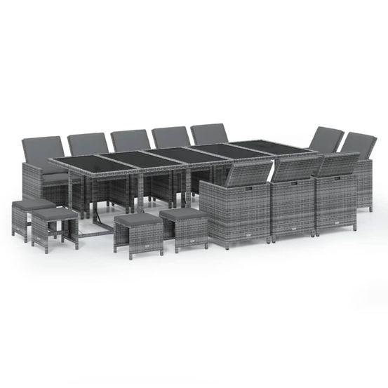Ensemble à manger de jardin coussins 15 pcs résine tressée gris