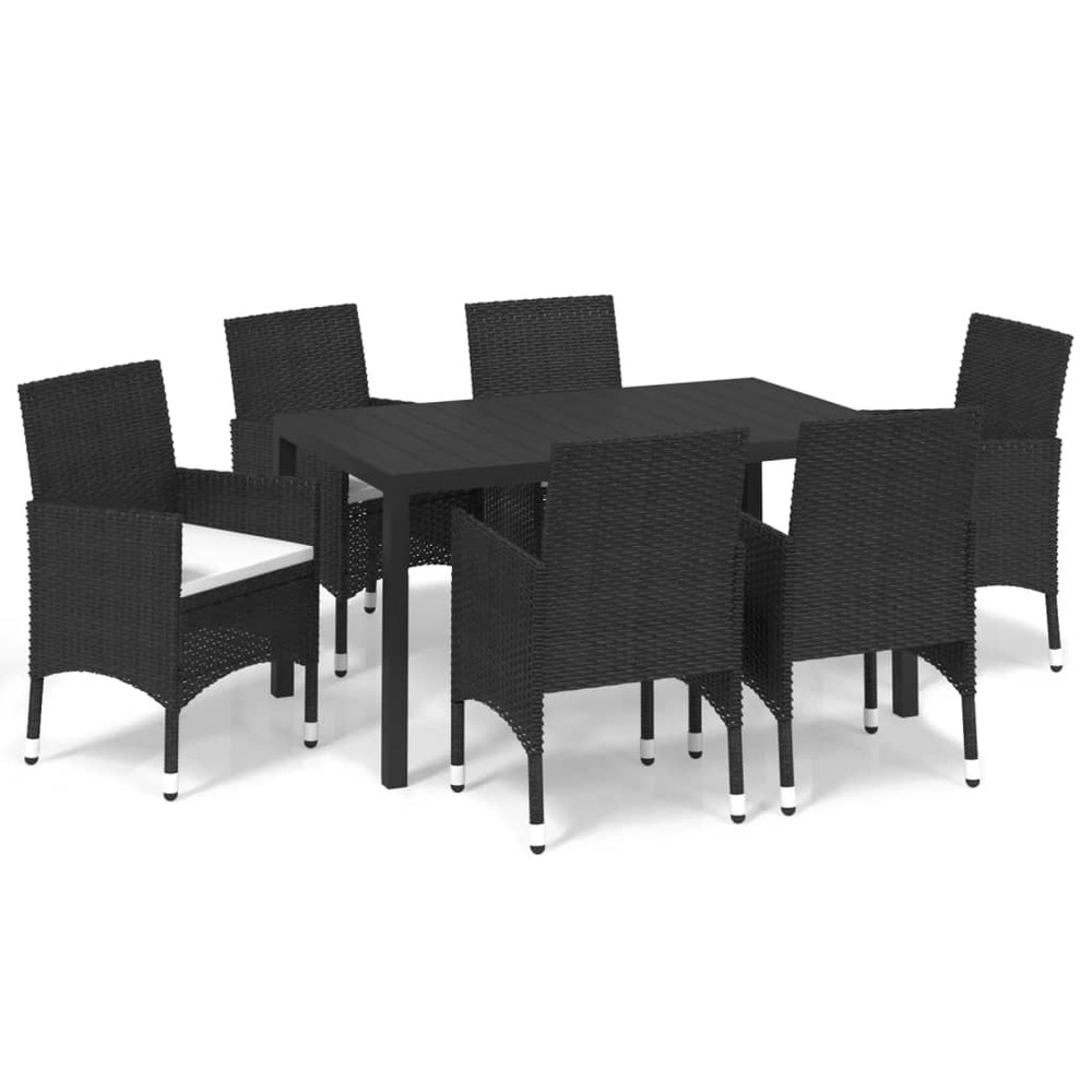 Ensemble à manger de jardin coussins 7pcs résine tressée noir