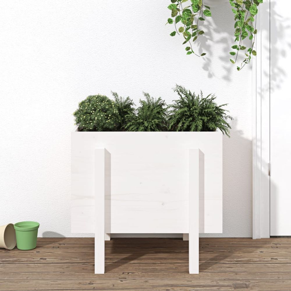 Jardinière haute en bois de pin massif pour jardin 62x50x57 cm blanc