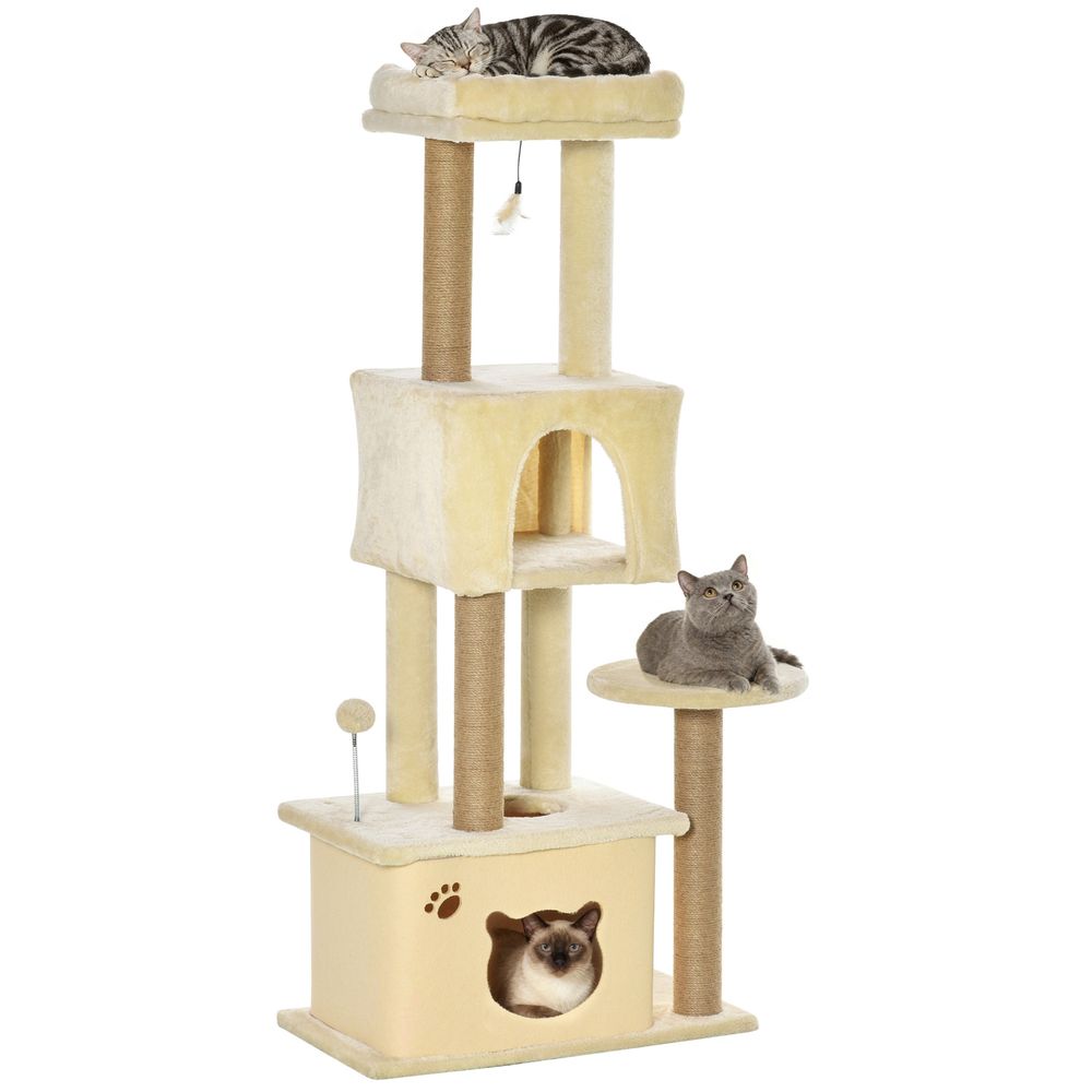 Grand arbre à chat 136 cm avec 2 niches poteaux en jute et plateformes de repos beige
