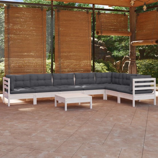Salon de jardin 8 pcs avec coussins blanc bois de pin massif