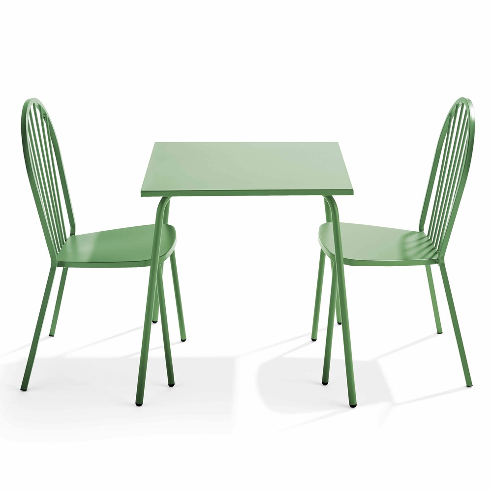 Ensemble table de jardin bistrot et 2 chaises en acier vert cactus