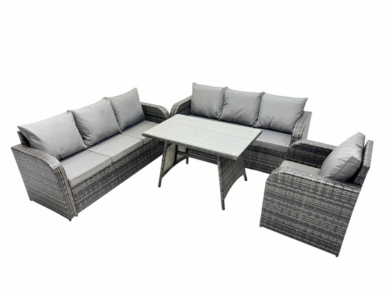 Ensemble de canapés en rotin salon de jardin avec table à manger rectangulaire chaise inclinable gris foncé mixte