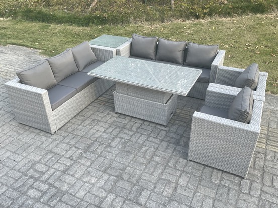 Salon de jardin exterieur table à manger réglable en hauteur ave canapé 2 fauteuil table d'appoint gris clair