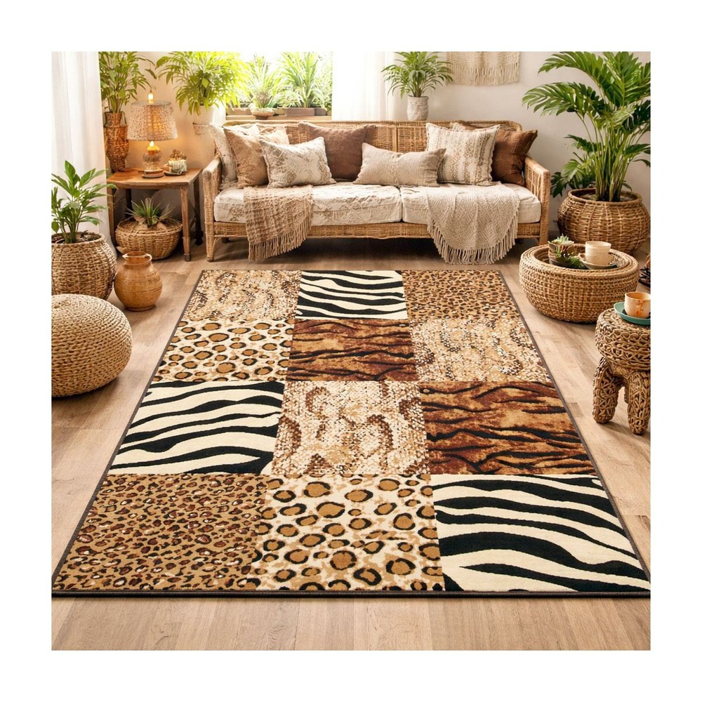 Tapis chambre 80x150 tissé beige rectangle motif animaux lyn1 savana