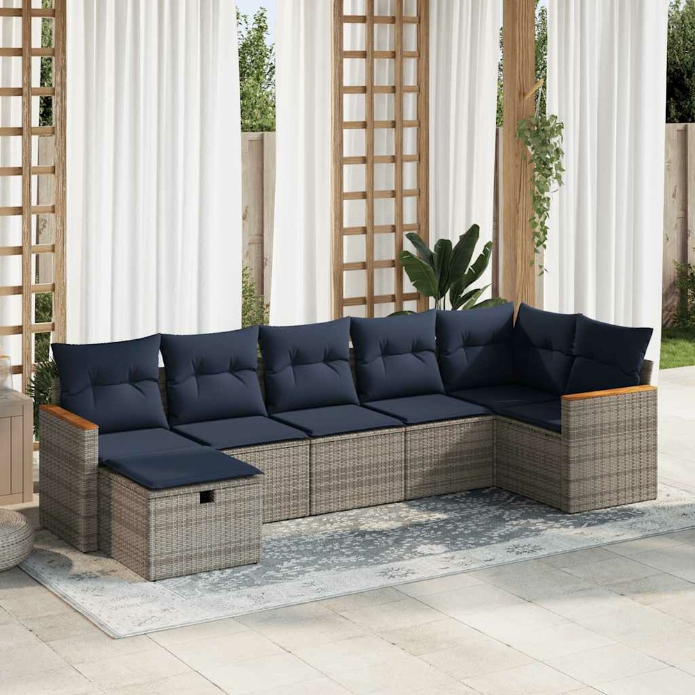 Salon de jardin avec coussins 7 pcs gris résine tressée