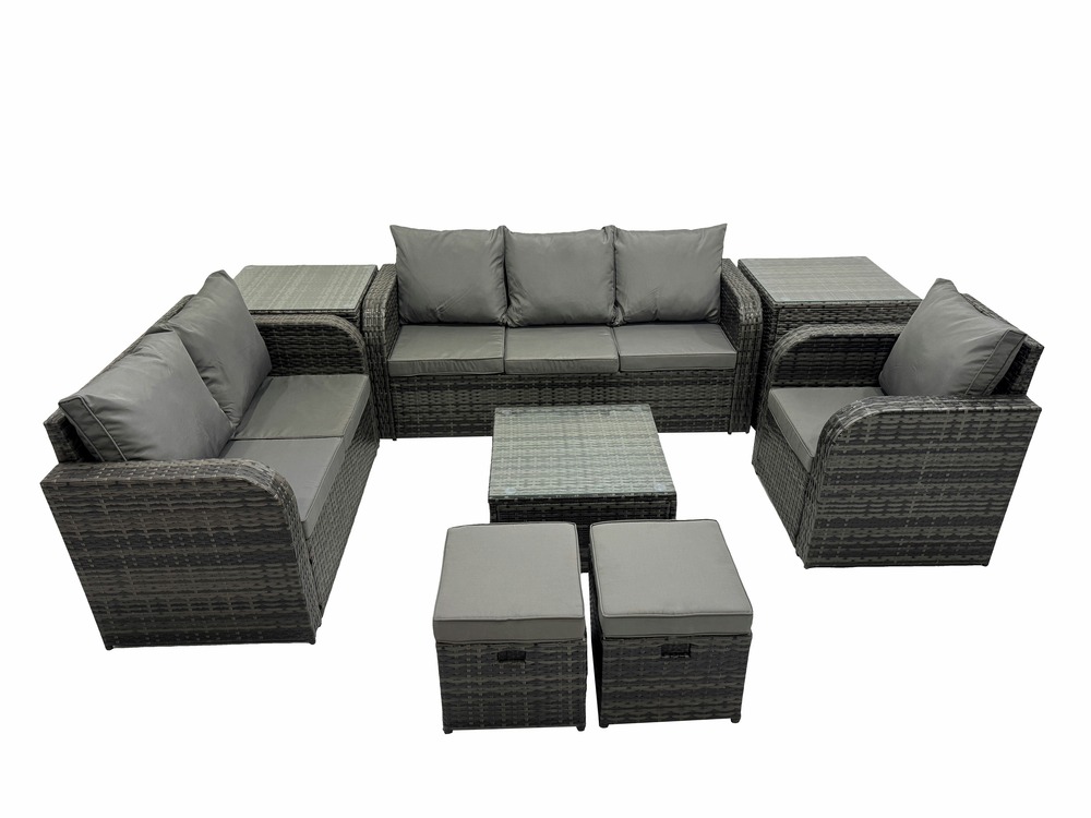 Meubles de jardin en rotin 8 places avec gris coussins 2 table basse carrées d'appoint 2 petits tabourets
