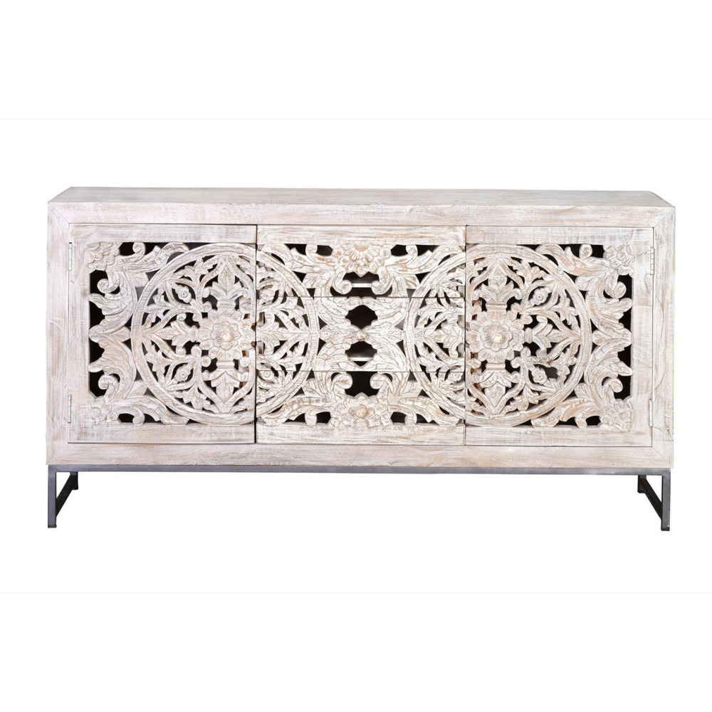 Buffet 3 tiroirs bois-fer blanc - poméline décoration d'autrefois