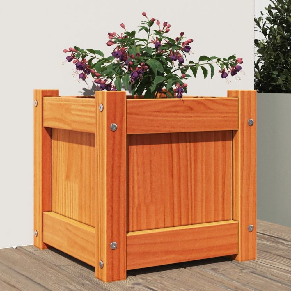Jardinière carrée en bois de pin massif finition cire marron 31cm