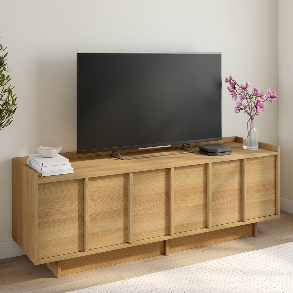 Meuble tv 140 cm rosie 3 portes façon hêtre design minimaliste