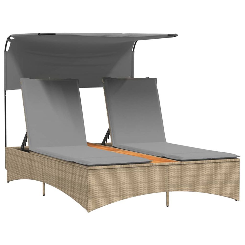 Chaise longue double et auvent et coussins mélange beige rotin bain de soleil