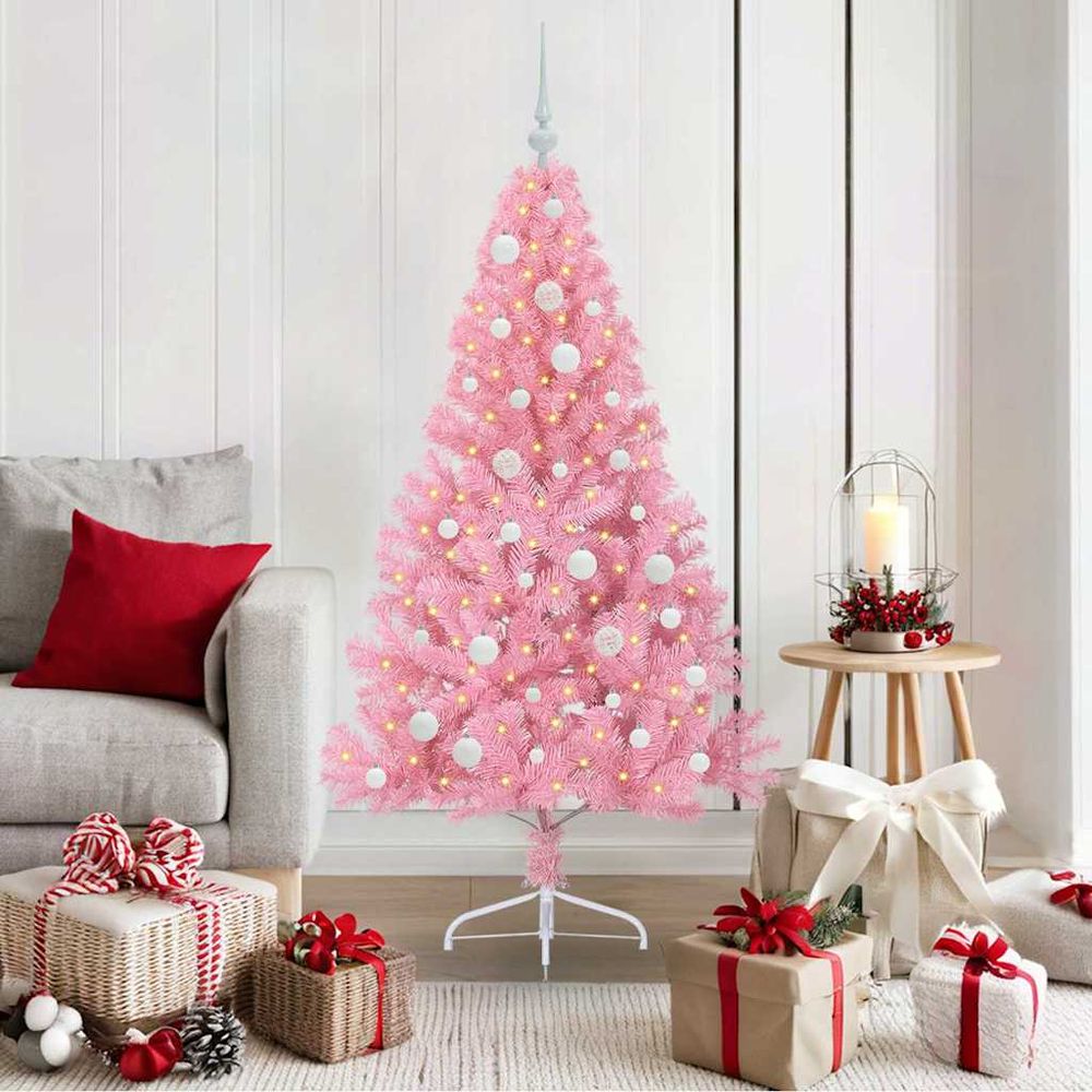 Sapin de noël féerique rose 150 cm, kit lumineux avec boules et cimier inclus