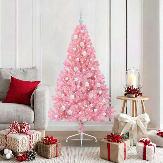 Sapin de noël féerique rose 150 cm, kit lumineux avec boules et cimier inclus
