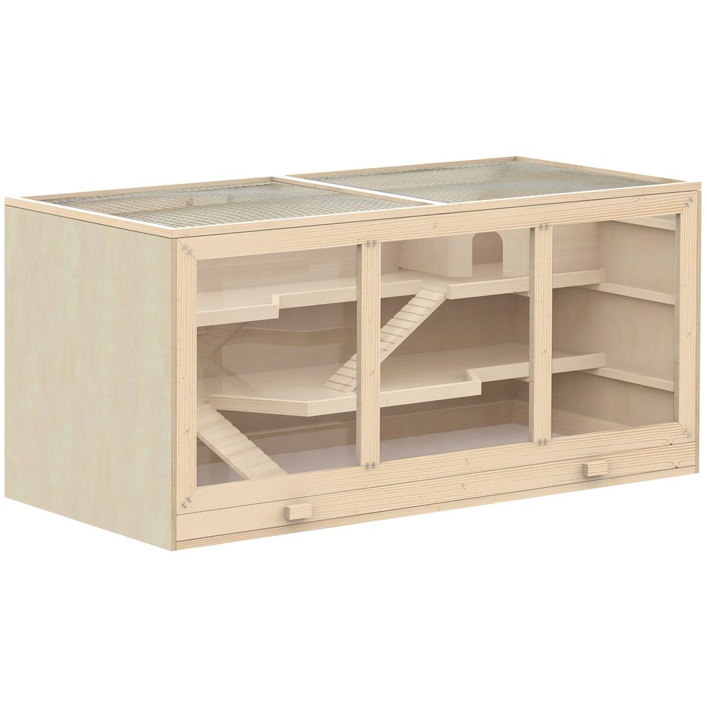 Cage hamster bois massif gerbille intérieur 2 niveaux toit 115x57x55cm naturel