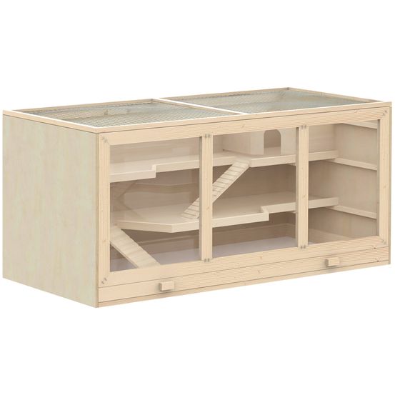 Cage hamster bois massif gerbille intérieur 2 niveaux toit 115x57x55cm naturel