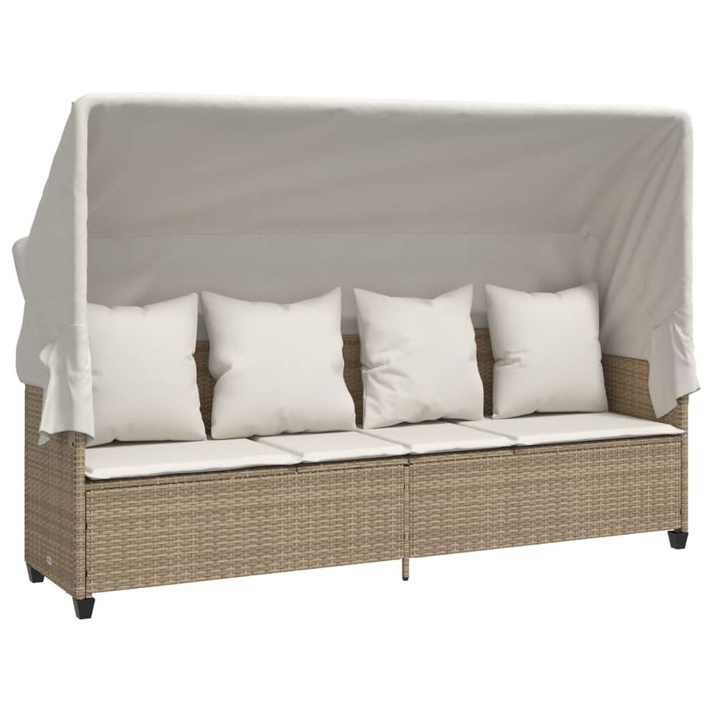 Chaise longue avec auvent et coussins beige résine tressée bain de soleil