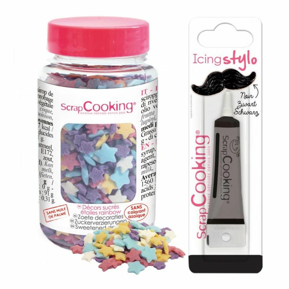 Décors sucrés étoiles arc-en-ciel 55 g + stylo de glaçage noir