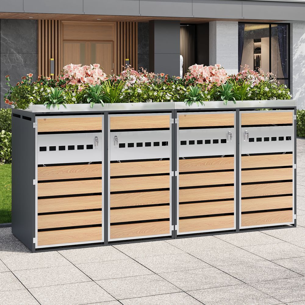 Cache-poubelle quadruple acier galvanisé jardin avec jardinière intégrée gris bois - comfortxl outdoor living