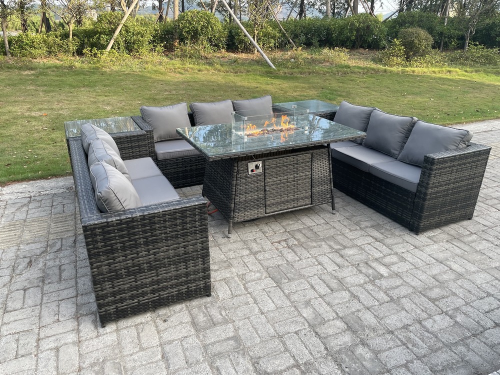 Mobilier de jardin en rotin extérieur foyer à gaz table à manger chauffage à gaz set table d'appoint gris foncé mixte 9 places