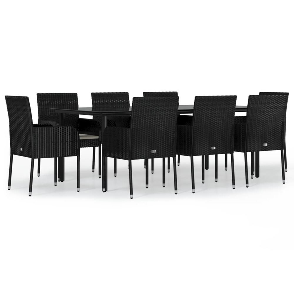 Ensemble à manger jardin 9pcs et coussins noir résine tressée