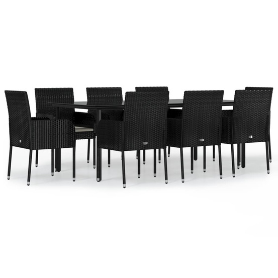 Ensemble à manger jardin 9pcs et coussins noir résine tressée