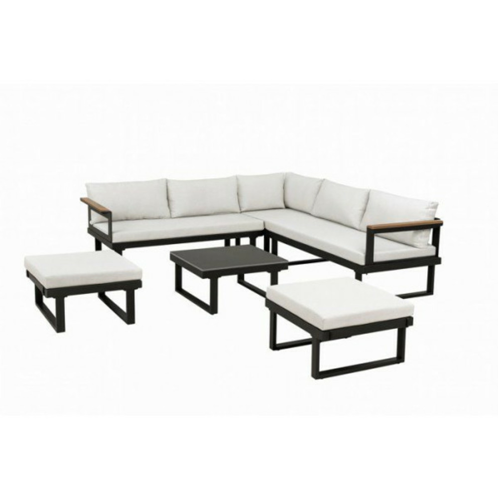 Salon de jardin d'angle 7 places - aluminium - almara - canapé d'angle + 2 tabourets + table - ecru