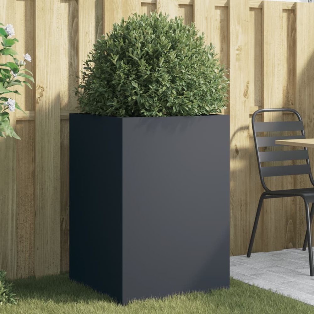 Pot de fleurs surélevé design asymétrique en acier laminé durable pour décoration moderne anthracite 52x48x75cm