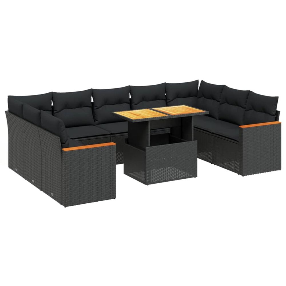 Salon de jardin 10 pcs avec coussins noir résine tressée